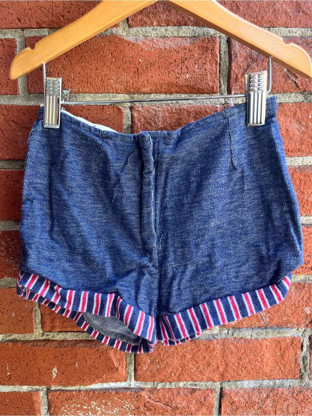 Vintage Kids Shorts Blue White Striped Trim Zipper Front